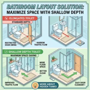 Small bathroom floor plan demonstrating improved clearance with a shallow depth toilet for small bathrooms.