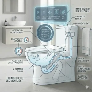 Illustration of digital controls and bidet features on a high-tech floor mounted tankless toilet.