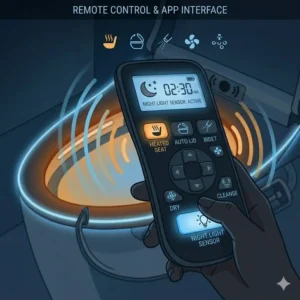 A hand holding a remote control to manage the features of a smart sensor toilet advanced technology.
