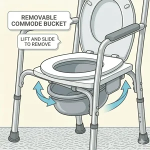 Diagram showing the easy removal of the plastic bucket and splash guard from a bedside commode seat.