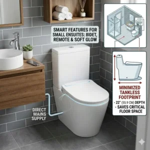 Smart technology and bidet features integrated into tankless toilets for small bathrooms.