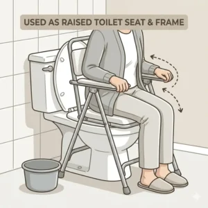 Illustration showing folding commodes used as a raised toilet seat and safety frame over a standard toilet.