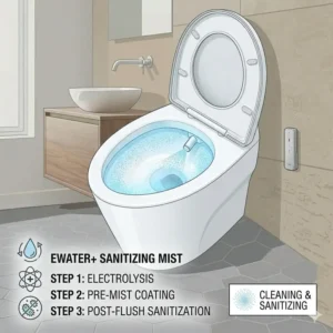Illustration of the EWATER+ sanitizing mist technology used in a toto tankless toilet.