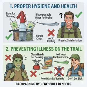 An infographic highlighting the health and hygiene benefits of using the best backpacking bidet.