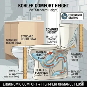 Side profile of a Comfort Height model, combining ergonomic seating with the features of the best kohler toilet for not clogging.