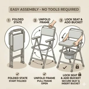 Step-by-step graphic showing how to quickly unfold and lock folding commodes into place without tools.
