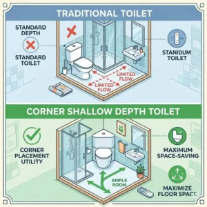Utilizing corner space effectively with a specialized shallow depth toilet for small bathrooms.