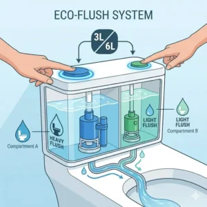 An infographic displaying the water-saving dual flush system of a smart sensor toilet advanced technology.
