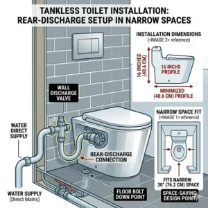Plumbing and rear-discharge installation guide for tankless toilets for small bathrooms.