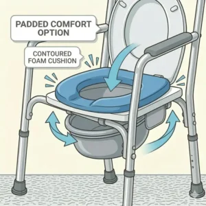 Detailed view of a blue padded bedside commode seat designed for increased user comfort and pressure relief.