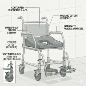 Close-up of the ergonomic padded seat with a hygienic cutout for the commode and shower wheelchair.