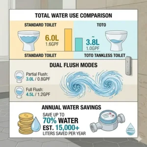 An infographic highlighting the water-saving dual flush efficiency of a toto tankless toilet.