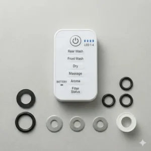 Illustration 6: A wireless bidet parts remote control with clearly labeled buttons for water temperature and pressure adjustments.