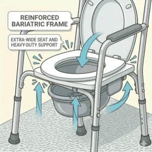 Illustration of an extra-wide bariatric bedside commode seat with a reinforced steel frame for heavy-duty support.