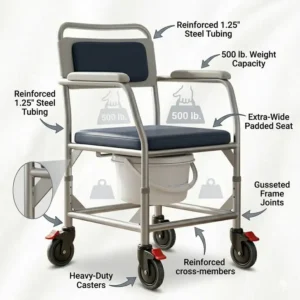 A reinforced bariatric bedside commode with wheels with a high weight capacity for heavy-duty support.