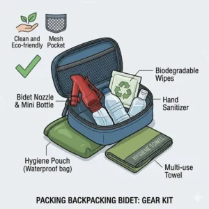 A diagram showing how a compact best backpacking bidet fits into a hiker’s hygiene kit.