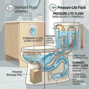Illustration of the Highline Pressure-Lite model, using commercial technology to be the best kohler toilet for not clogging.