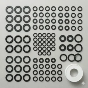 Illustration 7: Various sizes of black rubber washers and O-rings, which are critical bidet parts used for sealing connections and preventing leaks.