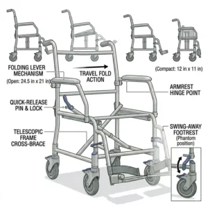 Illustration demonstrating the quick-folding travel mechanism of the portable commode and shower wheelchair.