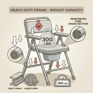 Illustration highlighting the reinforced steel frame of heavy-duty folding commodes for bariatric support.