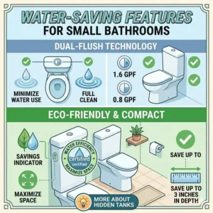 Water-saving dual-flush features on an eco-friendly shallow depth toilet for small bathrooms.