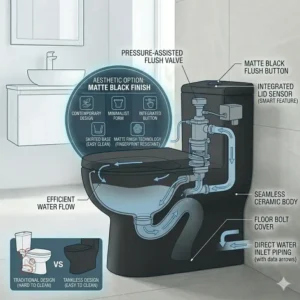 A minimalist matte black floor mounted tankless toilet shown in a contemporary powder room.