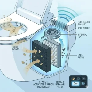 A visualization of the integrated air deodorizer in a smart sensor toilet advanced technology.