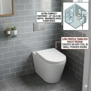 A low-profile aesthetic example of modern tankless toilets for small bathrooms in a powder room.