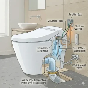 Detailed technical view of the direct water line and plumbing for a toto tankless toilet installation.