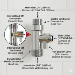 A detailed diagram labeling the internal components and parts of a professional-grade bidet t adapter.