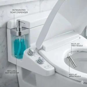 A detailed close-up shot showing the chrome nozzle and refillable reservoir of a bidet with soap dispenser.
