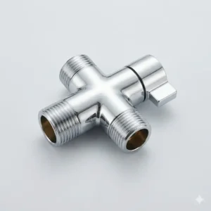 Close-up of a chrome T-valve adapter which is one of the most common bidet replacement parts.