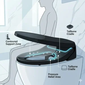 Ergonomic comfort diagram highlighting the contoured shape of a luxury toilet seat.