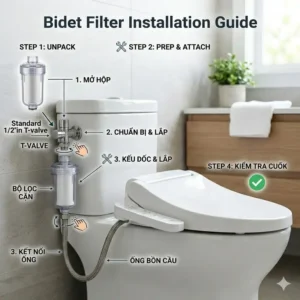 Technical illustration showing a simple guide on how to install a bidet filter to a T-valve and bidet hose.