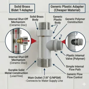 An illustration comparing a solid brass bidet t adapter vs plastic versions to showcase material durability.