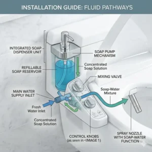 A technical installation diagram explaining how to connect a bidet with soap dispenser to the water line.