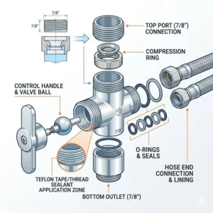 Step-by-step plumbing diagram for installing a t adapter valve to a toilet water supply.