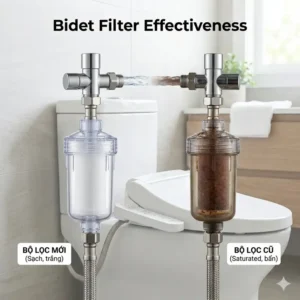 A visual comparison between a clean new filter and a used bidet filter filled with rust and sediment.