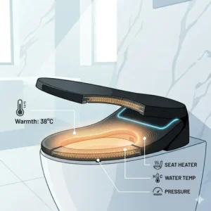 Technical illustration showing the integrated heating element of a luxury toilet seat.
