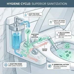 An educational infographic showing the superior hygiene cycle of a bidet with soap dispenser for deep cleaning.