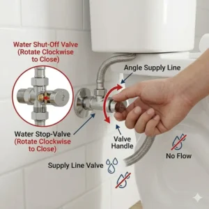 A step-by-step illustration showing how to shut off the water supply before installing a bidet t adapter.