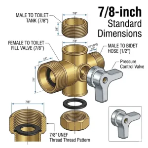 Technical drawing showing the 7/8 inch standard dimensions of a bidet t connector.