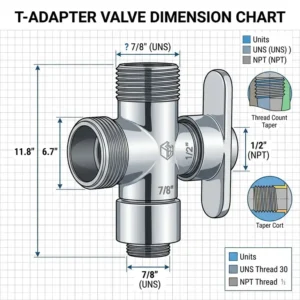Technical drawing showing the standard thread sizes and dimensions of a universal t adapter valve.