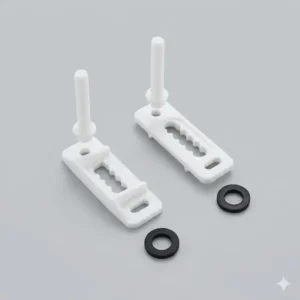 Durable plastic mounting brackets and bolts used as essential bidet replacement parts.