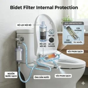 Infographic explaining how a bidet filter prevents mineral buildup and protects the internal nozzles of a bidet.