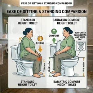 Side view comparison of ADA comfort height and standard height for the best toilet for obese person.