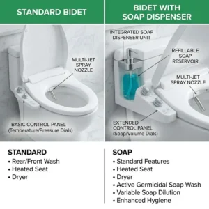 A side-by-side comparison graphic highlighting the extra features of a bidet with soap dispenser versus a basic model.
