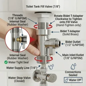 A close-up illustration demonstrating how to hand-tighten a bidet t adapter onto the bottom of a toilet tank.