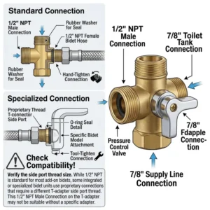 Visual guide showing the three water connection points on a bidet t connector.