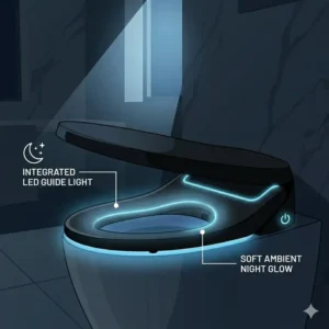 Nighttime view of a soft blue LED nightlight glowing on a luxury toilet seat.
